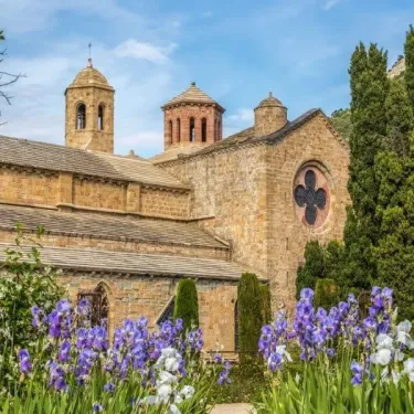 Camping Ensoya avec une église en pierre et des iris en fleurs