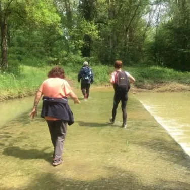 Personnes marchant sur un pont en travers d'un cours d'eau au Camping Le Plantaurel