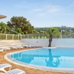 Piscine avec chaises longues et palmier au Camping Le Parc des Chênes