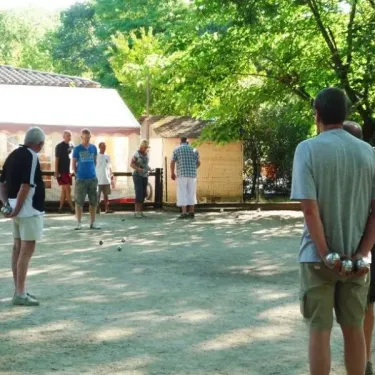 Camping Le Lion - groupe jouant au bocce sur une pelouse ombragée sous des arbres