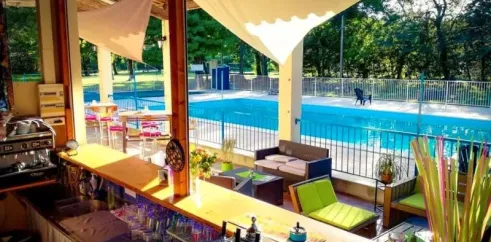 Bar extérieur du Camping Le Lion avec piscine en arrière-plan, canapés verts et plantes décoratives.