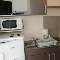 Mobil Home privilege 2 Chambres - 4 Pers. - Le Rochat 36 : cuisine avec micro-ondes, lave-vaisselle et réfrigérateur