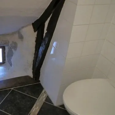 Chambre Twin - Le Clos de Banes : salle de bain avec toilette et mur en pierre.