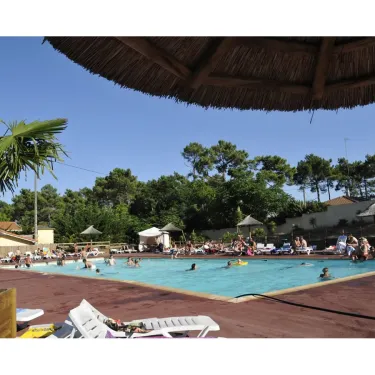 Piscine avec parasols en paille et palmiers au Camping La Pointe