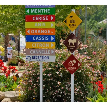 Panneau indicateur du Camping La Yole vers plage, ferme et caveau