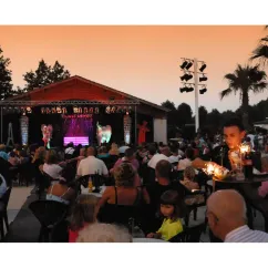 Soirée festive au Camping La Yole avec spectacle sur scène et ambiance lumineuse