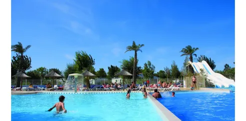 Piscine avec toboggan et palmiers au Camping Mar i Sol