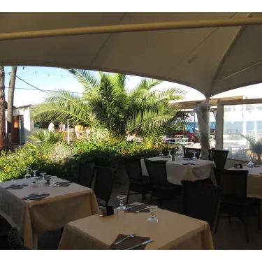 Terrasse extérieure d'un restaurant avec tables, chaises et palmiers, Camping Marina d'Aléria