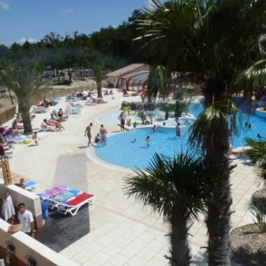 Piscine avec palmiers et enfants nageant au Camping Soulac Plage