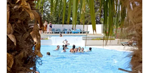Camping Les Fontaines - Vue à travers les feuilles de palmier sur une piscine animée