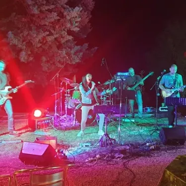 Camping Le Bourdieu : spectacle de musique live nocturne sous projecteurs colorés.