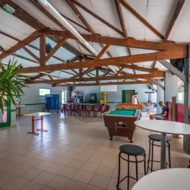Salle de jeux avec billard et tables dans Camping La Cascade
