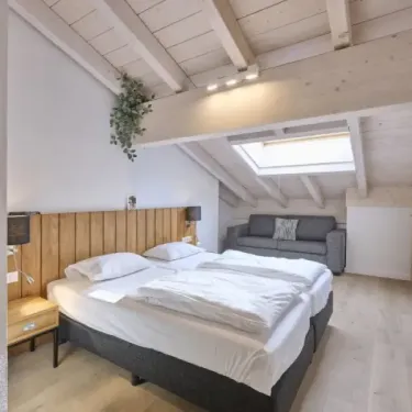 Chambre penthouse avec lit double, canapé, plafond en bois, fenêtre