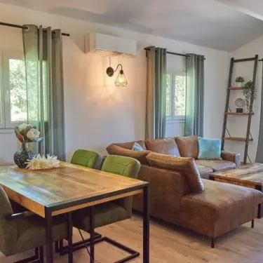 Salon avec canapé, table en bois, chaises vertes, étagère, Camping Libelle Jacuzzi