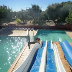 Camping Cap Agathois - toboggans aquatiques dans une piscine entourée d'arbres