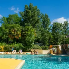 Piscine avec enfants autour, dans le parc du Camping Aqua Viva, bordée de palmiers et de végétation luxuriante.