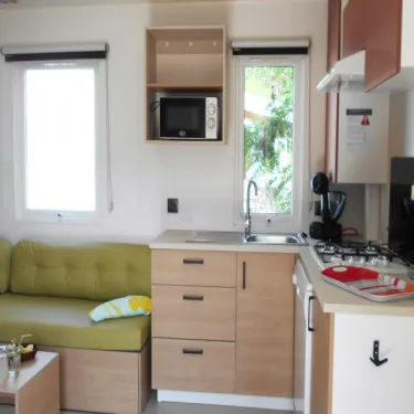Coin cuisine et salon du mobil home avec canapé et micro-ondes
