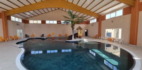 Piscine intérieure avec palmier artificiel et chaises en plastique au Camping Jardins de l'Atlantique