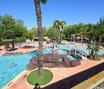 Piscine avec pont en bois et palmiers au Camping Les Salisses.