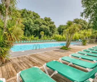 Piscine entourée de chaises longues vertes Camping La Clairière