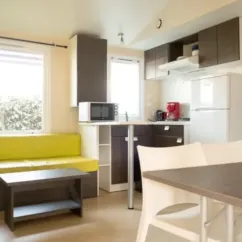 Mobil Home Eco 3CH - cuisine et salon avec canapé jaune, table et réfrigérateur
