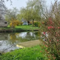 Camping du Grand Pré avec caravane près d'un étang et ponton en bois