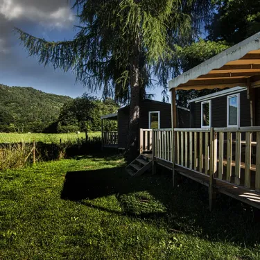 Mobil Home Privilège 3 Chambres 6 personnes - Camping Paradis L'Europe, vue extérieure avec piste et arbre