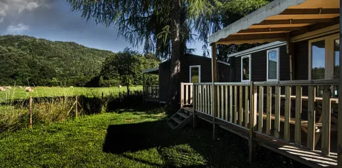 Mobil Home Privilège 3 Chambres 6 personnes - Camping Paradis L'Europe, vue extérieure avec piste et arbre