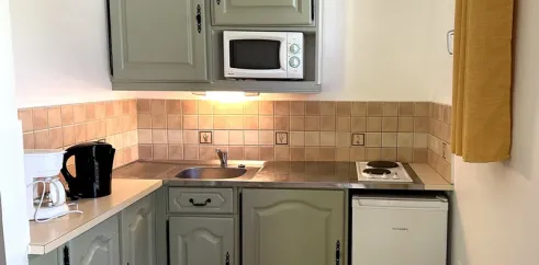 Cuisine équipée avec micro-ondes, lave-vaisselle et réfrigérateur au Camping Village de Vacances Camboussel