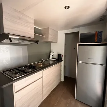 Cuisine équipée de four à gaz, réfrigérateur et micro-ondes dans Mobil Home Confort