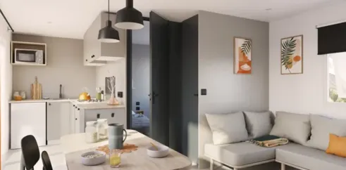 Mobil Home Confort 2 Chambres 4 Personnes - le Rompval : salle à manger et canapé