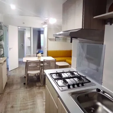 Mobil Home Confort 2 Chambres 4 adultes et 2 enfants - Family's Camping Le Savoy : cuisine, table, chaises