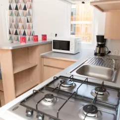 Cuisine du Mobil Home Eden Loire avec four à gaz, lave-vaisselle et micro-ondes