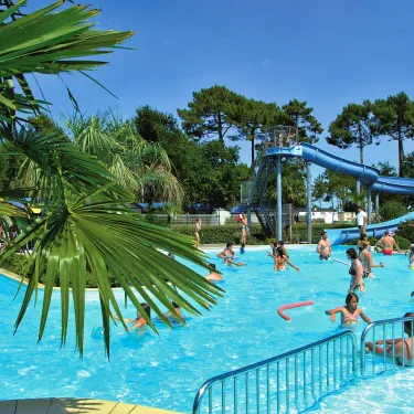Camping Les Viviers : piscine avec toboggan et palmiers