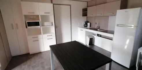 Cottage Premium PMR 2CH – 4P - Camping Bel Air Village Les Demeures du Lac, cuisine moderne avec table et réfrigérateur