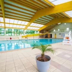 Camping Moncalm - piscine intérieure avec toboggan et plante en pot
