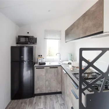 Cuisine équipée d'un réfrigérateur, micro-ondes et plaque de cuisson dans Mobil Home Bahia Confort, Camping La Touesse