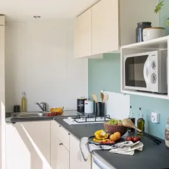 Cuisine du Mobil Home Cahita, étagères, micro-ondes, plan de travail