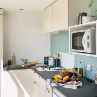 Cuisine du Mobil Home Cahita, étagères, micro-ondes, plan de travail