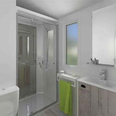 Salle de bain moderne Mobil Home Premium - Camping La Touesse, douche et lavabo