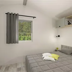 Chambre Mobil Home Premium - Camping La Touesse, lit et rideau gris