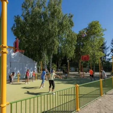Camping Le Ried - enfants jouant au parc avec balançoires et basket