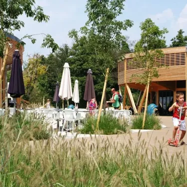 Terrasse extérieure avec parasols et tables au Camping La Rive