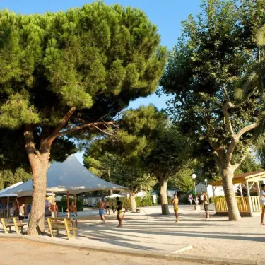 Camping Le Littoral avec des arbres et une tente sous un ciel bleu.