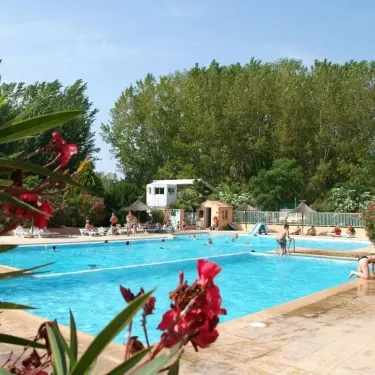 Piscine avec des visiteurs au Camping Antipolis, entourée de végétation et d'une cabane.