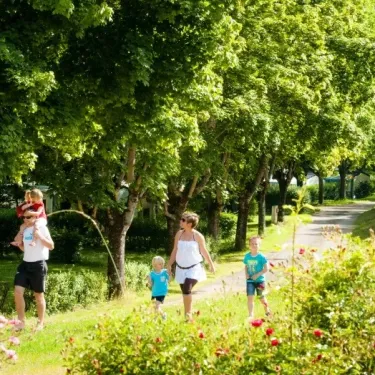 Famille qui marche sur un chemin bordé d'arbres au Camping La Boissière.