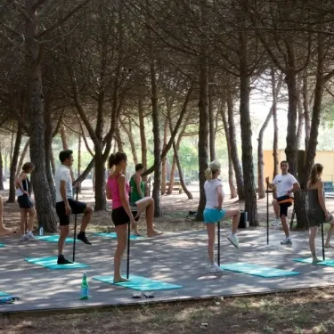 Group practicing yoga under trees at Camping Le Castellas