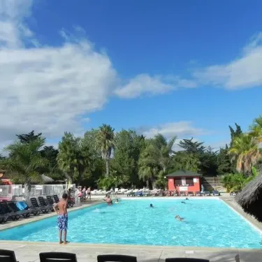 Piscine entourée d'arbres et de chaises longues au Camping Le Soleil Bleu
