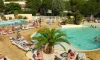Groupe de personnes autour d'une piscine avec palmier au Camping Les Amandiers