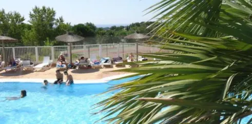 Nageurs dans une piscine entourée de palmiers au Camping Le Parc des Chênes